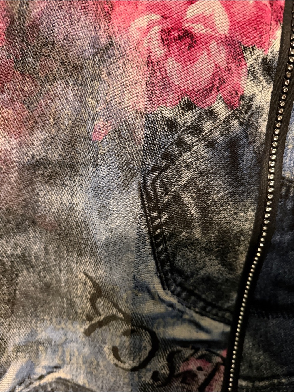 Damee Y2K Sheer Pink Floral Print Jean-Style Zip Jacket with Rhinestone Zipper - Picture 7 of 8